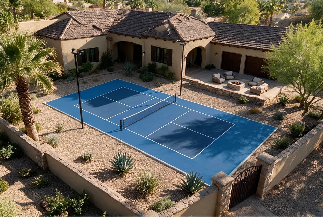 Aerial view of a large residential property featuring a blue sports court, gravel landscaping, and an outdoor patio with a fire pit.
