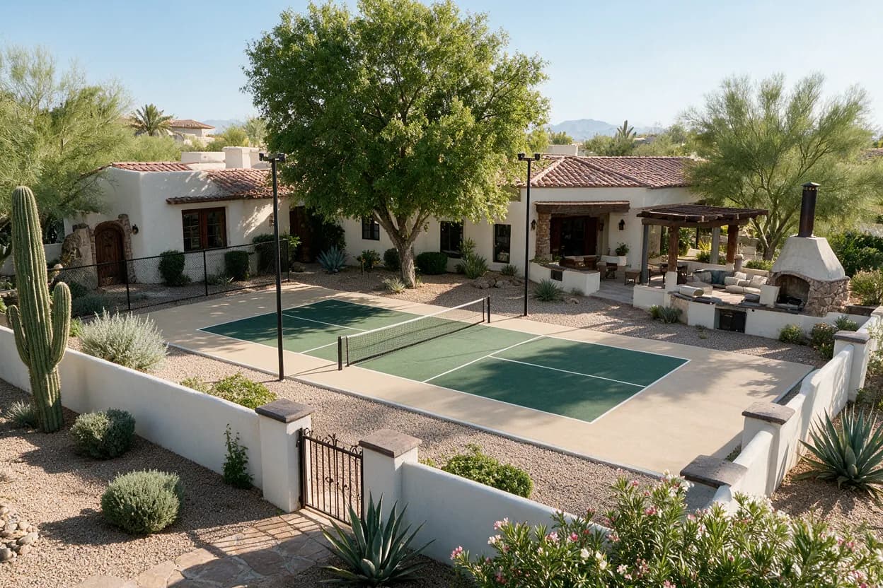 An aerial view of a private residence featuring an outdoor green and beige sports court, surrounded by desert landscaping and an outdoor living area with a pergola and fireplace.