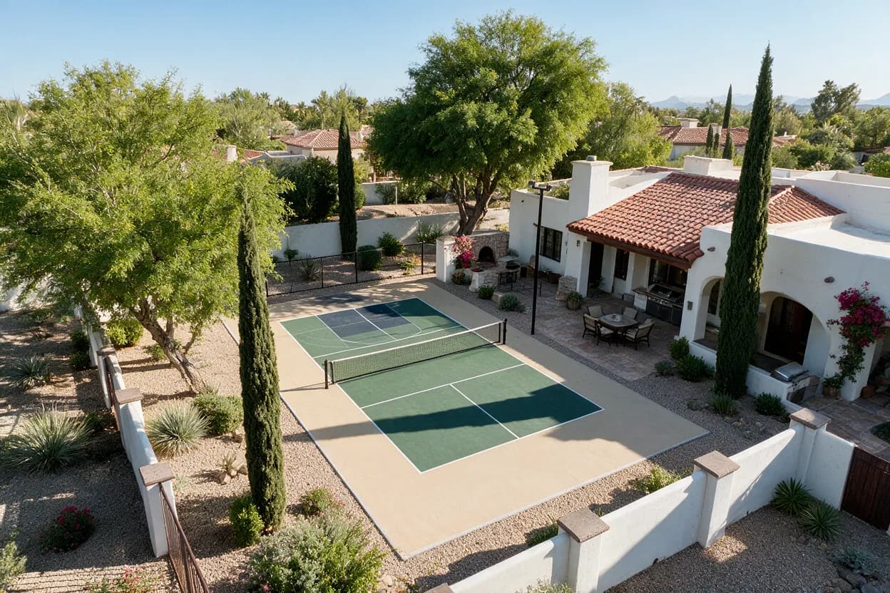 Aerial view of a residential property featuring a pickleball court, landscaped garden, and a white house with a red-tiled roof.